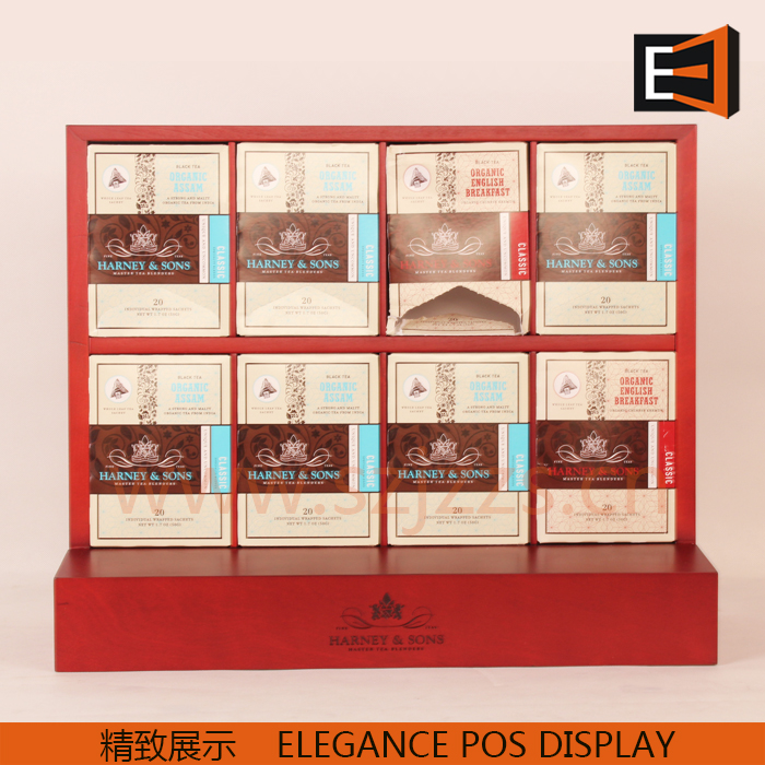 木質(zhì)臺面茶葉展示架紅色正面